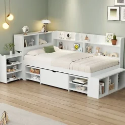 ModernLuxe Lit simple 90x190cm en MDF - Avec tiroirs et étagères - Bibliothèque amovible - Avec sommier à lattes - Blanc(sans matelas)* Lit Avec Rangement