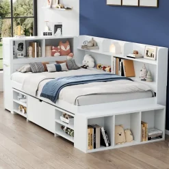 ModernLuxe Lit simple 90x190cm en MDF - Avec tiroirs et étagères - Bibliothèque amovible - Avec sommier à lattes - Blanc(sans matelas)* Lit Avec Rangement