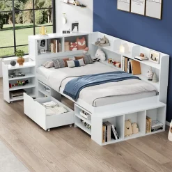 ModernLuxe Lit simple 90x190cm en MDF - Avec tiroirs et étagères - Bibliothèque amovible - Avec sommier à lattes - Blanc(sans matelas)* Lit Avec Rangement