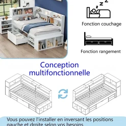 ModernLuxe Lit simple 90x190cm en MDF - Avec tiroirs et étagères - Bibliothèque amovible - Avec sommier à lattes - Blanc(sans matelas)* Lit Avec Rangement