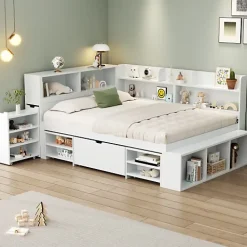 ModernLuxe Lit simple 140x200cm en MDF - Avec tiroirs et étagères - Bibliothèque amovible - Avec sommier à lattes - Blanc(sans matelas)* Lit Avec Rangement