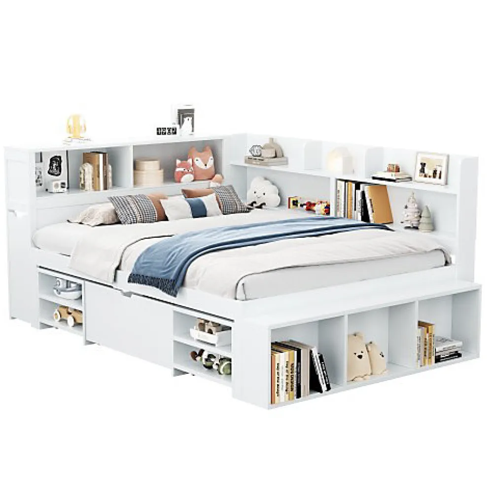 ModernLuxe Lit simple 140x200cm en MDF - Avec tiroirs et étagères - Bibliothèque amovible - Avec sommier à lattes - Blanc(sans matelas)* Lit Avec Rangement
