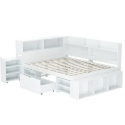 ModernLuxe Lit simple 140x200cm en MDF - Avec tiroirs et étagères - Bibliothèque amovible - Avec sommier à lattes - Blanc(sans matelas)* Lit Avec Rangement