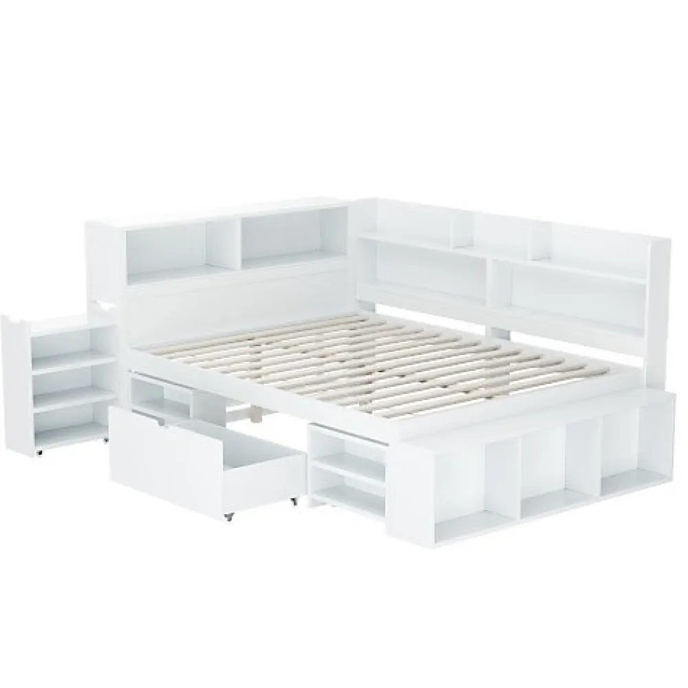 ModernLuxe Lit simple 140x200cm en MDF - Avec tiroirs et étagères - Bibliothèque amovible - Avec sommier à lattes - Blanc(sans matelas)* Lit Avec Rangement