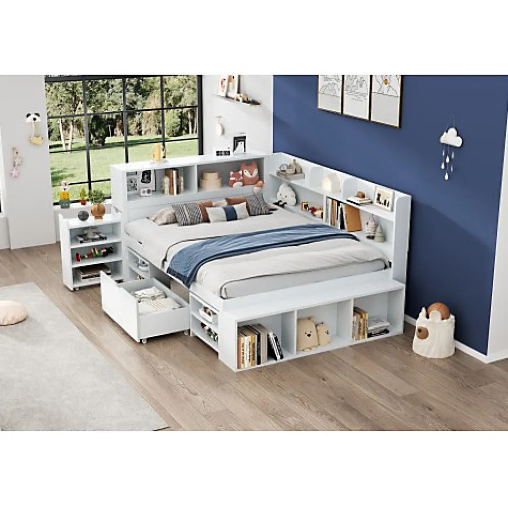 ModernLuxe Lit simple 140x200cm en MDF - Avec tiroirs et étagères - Bibliothèque amovible - Avec sommier à lattes - Blanc(sans matelas)* Lit Avec Rangement