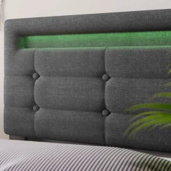 Lit Simple 90x200cm Rembourré Led 2 Tiroirs Tête Réglable Gris><noscript><img width=