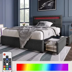 Lit Simple 90x200cm Rembourré Led 2 Tiroirs Tête Réglable Gris><noscript><img width=