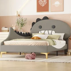 ProximaX Lit simple-Lit pour enfant 90 x 200 cm, forme de dinosaure de dessin animé, lit plat, matériau PU, gris*Enfant Lit Enfant