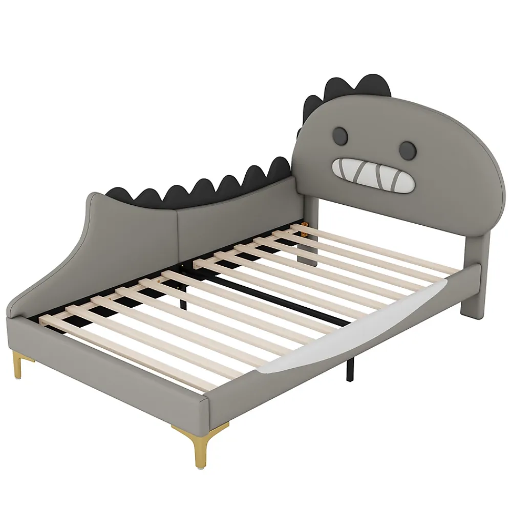 ProximaX Lit simple-Lit pour enfant 90 x 200 cm, forme de dinosaure de dessin animé, lit plat, matériau PU, gris*Enfant Lit Enfant