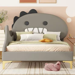 ProximaX Lit simple-Lit pour enfant 90 x 200 cm, forme de dinosaure de dessin animé, lit plat, matériau PU, gris*Enfant Lit Enfant