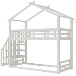 Okwish Lit Superposé - Lit enfant 90x200 cm avec Toît et Escalier Sécurisé, Cadre Bois Massif et Lattes Solides, Couleur Blanc*Enfant Lit Enfant