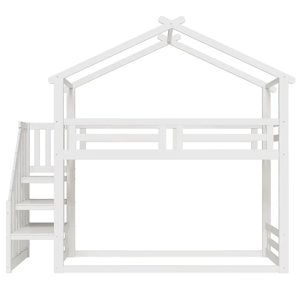 Okwish Lit Superposé - Lit enfant 90x200 cm avec Toît et Escalier Sécurisé, Cadre Bois Massif et Lattes Solides, Couleur Blanc*Enfant Lit Enfant