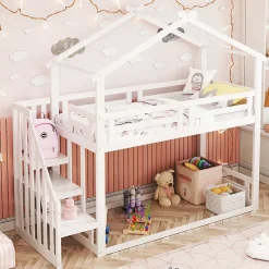 Okwish Lit Superposé - Lit enfant 90x200 cm avec Toît et Escalier Sécurisé, Cadre Bois Massif et Lattes Solides, Couleur Blanc*Enfant Lit Enfant