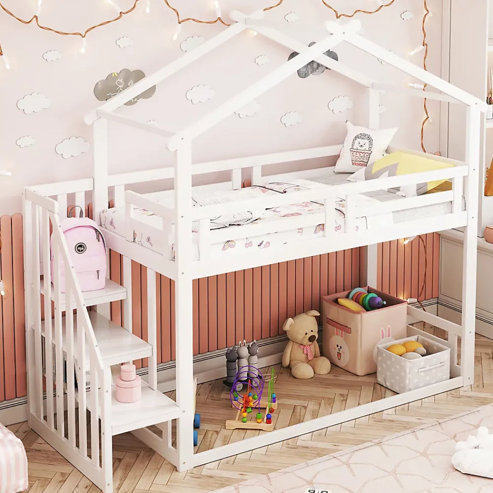 Okwish Lit Superposé - Lit enfant 90x200 cm avec Toît et Escalier Sécurisé, Cadre Bois Massif et Lattes Solides, Couleur Blanc*Enfant Lit Enfant