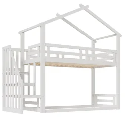 Okwish Lit Superposé - Lit enfant 90x200 cm avec Toît et Escalier Sécurisé, Cadre Bois Massif et Lattes Solides, Couleur Blanc*Enfant Lit Enfant