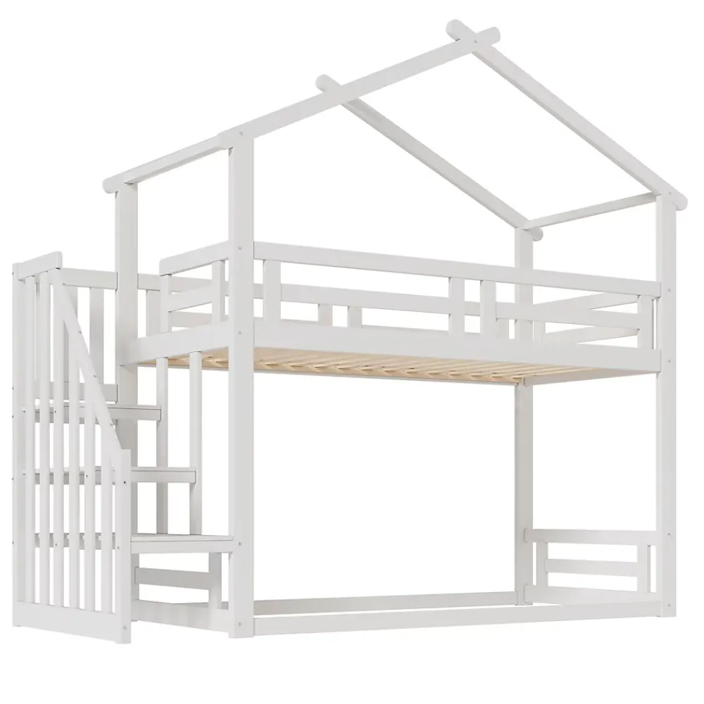 Okwish Lit Superposé - Lit enfant 90x200 cm avec Toît et Escalier Sécurisé, Cadre Bois Massif et Lattes Solides, Couleur Blanc*Enfant Lit Enfant