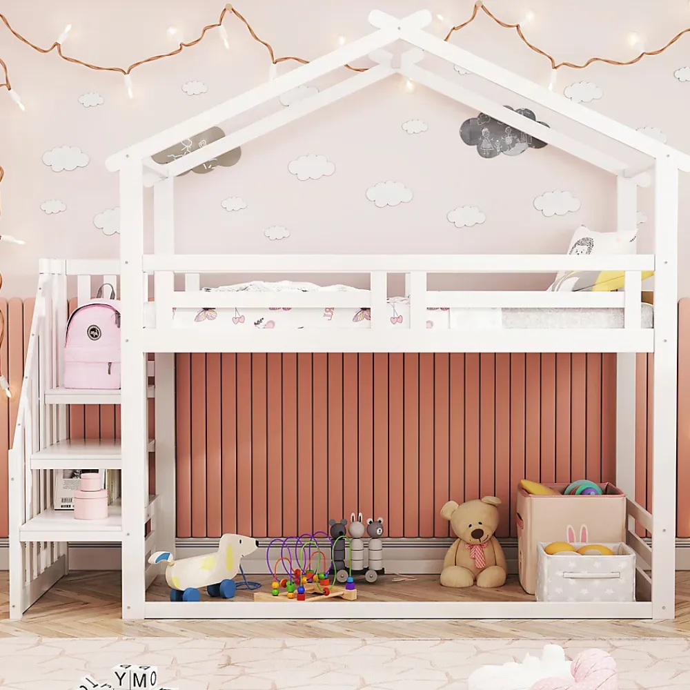 Okwish Lit Superposé - Lit enfant 90x200 cm avec Toît et Escalier Sécurisé, Cadre Bois Massif et Lattes Solides, Couleur Blanc*Enfant Lit Enfant