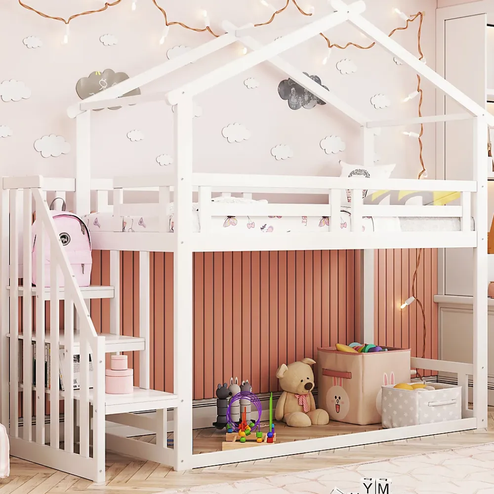 Okwish Lit Superposé - Lit enfant 90x200 cm avec Toît et Escalier Sécurisé, Cadre Bois Massif et Lattes Solides, Couleur Blanc*Enfant Lit Enfant