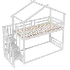 Okwish Lit Superposé - Lit enfant 90x200 cm avec Toît et Escalier Sécurisé, Cadre Bois Massif et Lattes Solides, Couleur Blanc*Enfant Lit Enfant