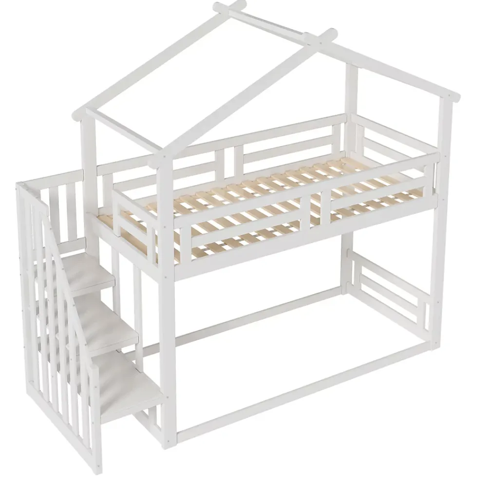 Okwish Lit Superposé - Lit enfant 90x200 cm avec Toît et Escalier Sécurisé, Cadre Bois Massif et Lattes Solides, Couleur Blanc*Enfant Lit Enfant