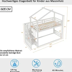 Okwish Lit Superposé - Lit enfant 90x200 cm avec Toît et Escalier Sécurisé, Cadre Bois Massif et Lattes Solides, Couleur Blanc*Enfant Lit Enfant