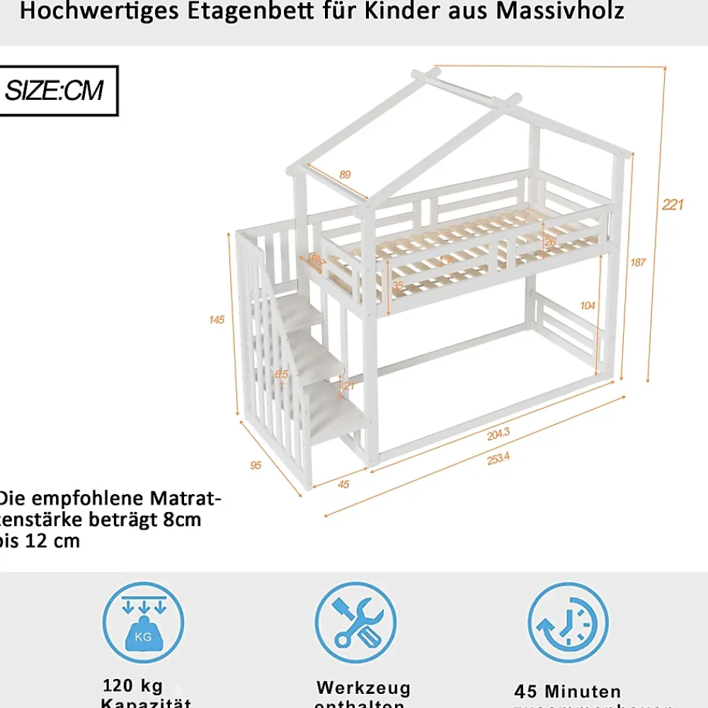 Okwish Lit Superposé - Lit enfant 90x200 cm avec Toît et Escalier Sécurisé, Cadre Bois Massif et Lattes Solides, Couleur Blanc*Enfant Lit Enfant