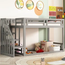Lit Superposé - Lit enfant 90x200 cm avec Toît, Escalier Sécurisé et Structure Solide, Bois Massif et MDF, Couleur Gris>Okwish Clearance