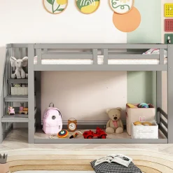 Lit Superposé - Lit enfant 90x200 cm avec Toît, Escalier Sécurisé et Structure Solide, Bois Massif et MDF, Couleur Gris>Okwish Clearance