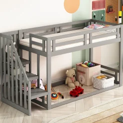 Lit Superposé - Lit enfant 90x200 cm avec Toît, Escalier Sécurisé et Structure Solide, Bois Massif et MDF, Couleur Gris><noscript><img data-lazyloaded=