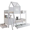 Lit superposé 2 tiroirs roulettes toit fenêtres décoratifs table lecture panier pin MDF contreplaqué blanc 90x200>Redom Hot
