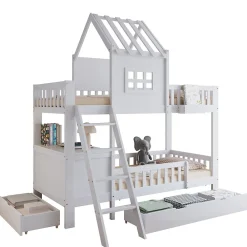 Lit superposé 2 tiroirs roulettes toit fenêtres décoratifs table lecture panier pin MDF contreplaqué blanc 90x200>Redom Hot