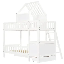 Lit superposé 2 tiroirs roulettes toit fenêtres décoratifs table lecture panier pin MDF contreplaqué blanc 90x200><noscript><img width=