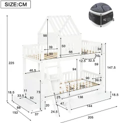 Lit superposé 2 tiroirs roulettes toit fenêtres décoratifs table lecture panier pin MDF contreplaqué blanc 90x200><noscript><img width=