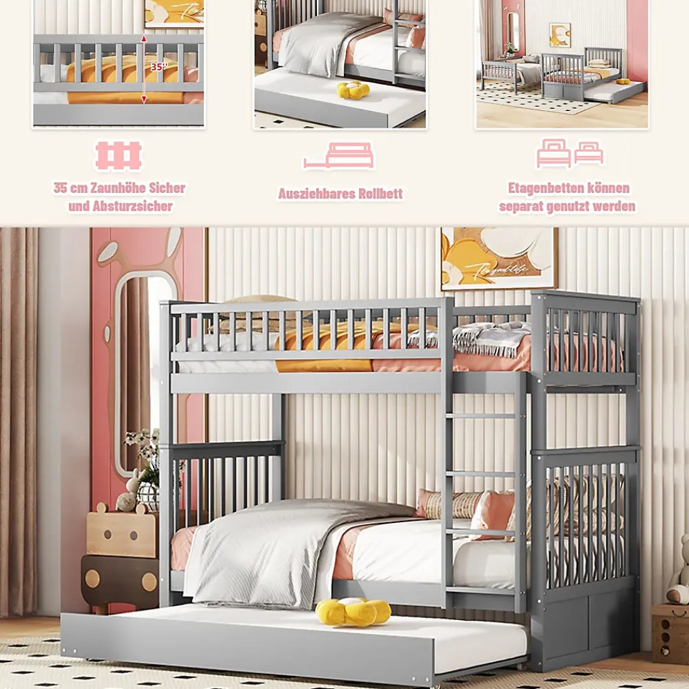Okwish Lit Superposé 90 x 200 cm - Lit Gigogne avec Escalier - Pin + MDF - Sans Matelas - Gris*Enfant Lit Enfant