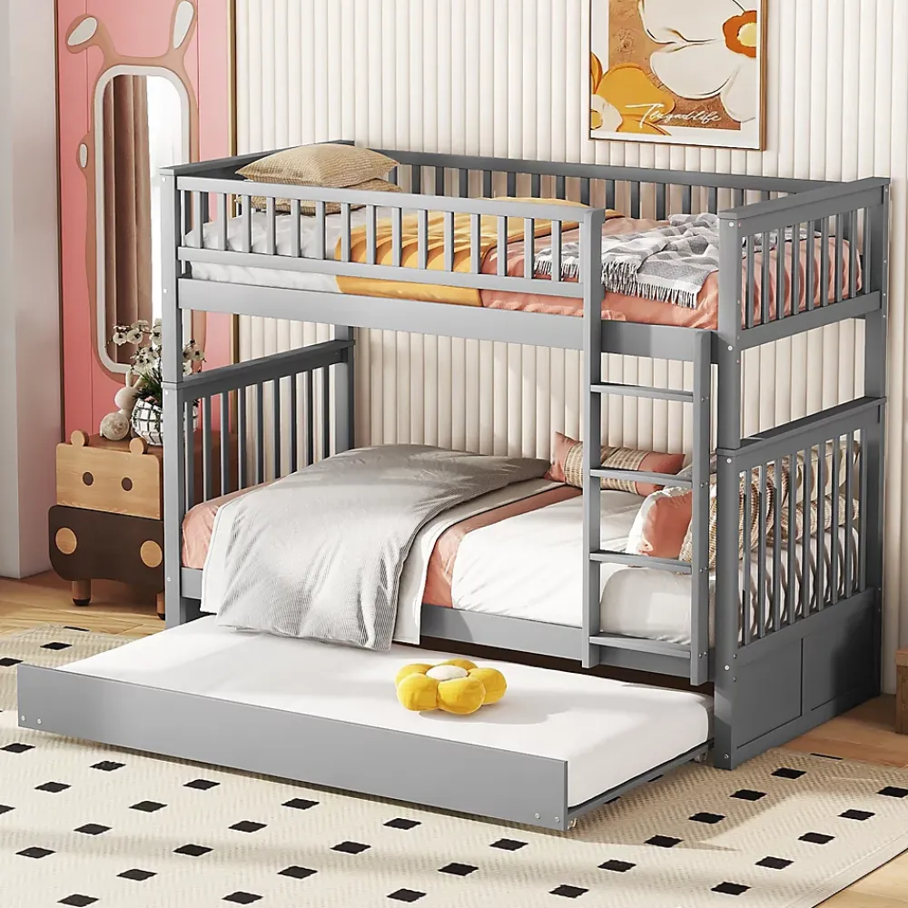 Okwish Lit Superposé 90 x 200 cm - Lit Gigogne avec Escalier - Pin + MDF - Sans Matelas - Gris*Enfant Lit Enfant