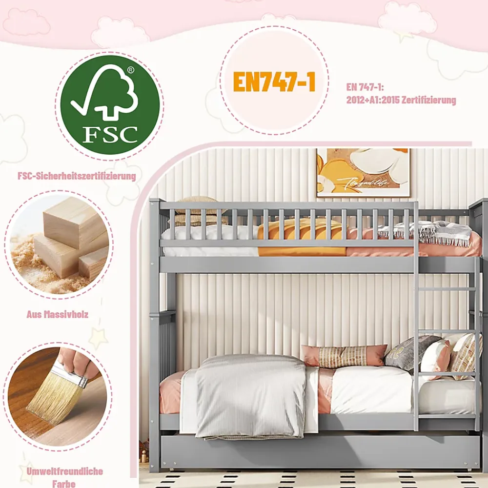 Okwish Lit Superposé 90 x 200 cm - Lit Gigogne avec Escalier - Pin + MDF - Sans Matelas - Gris*Enfant Lit Enfant