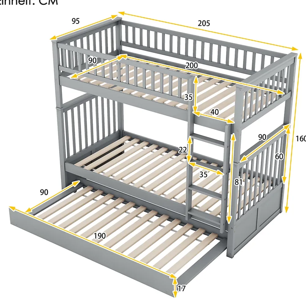 Okwish Lit Superposé 90 x 200 cm - Lit Gigogne avec Escalier - Pin + MDF - Sans Matelas - Gris*Enfant Lit Enfant