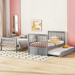 Okwish Lit Superposé 90 x 200 cm - Lit Gigogne avec Escalier - Pin + MDF - Sans Matelas - Gris*Enfant Lit Enfant