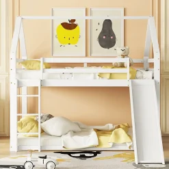 Okwish Lit Superposé 140 x 200 cm - Lit enfant avec Toboggan et Échelle - Pin + MDF - Sans Matelas - Blanc*Enfant Lit Enfant