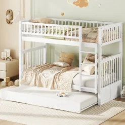 Lit Superposé 90 x 200 cm - Lit Gigogne avec Escalier - Pin + MDF - Sans Matelas - Blanc>Okwish New