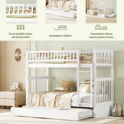 Lit Superposé 90 x 200 cm - Lit Gigogne avec Escalier - Pin + MDF - Sans Matelas - Blanc>Okwish New