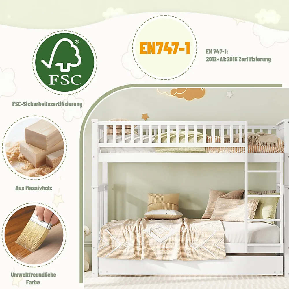 Lit Superposé 90 x 200 cm - Lit Gigogne avec Escalier - Pin + MDF - Sans Matelas - Blanc>Okwish New
