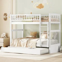 Lit Superposé 90 x 200 cm - Lit Gigogne avec Escalier - Pin + MDF - Sans Matelas - Blanc><noscript><img width=