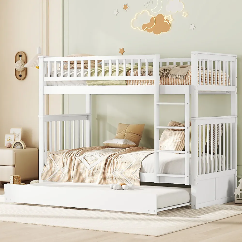Lit Superposé 90 x 200 cm - Lit Gigogne avec Escalier - Pin + MDF - Sans Matelas - Blanc>Okwish New