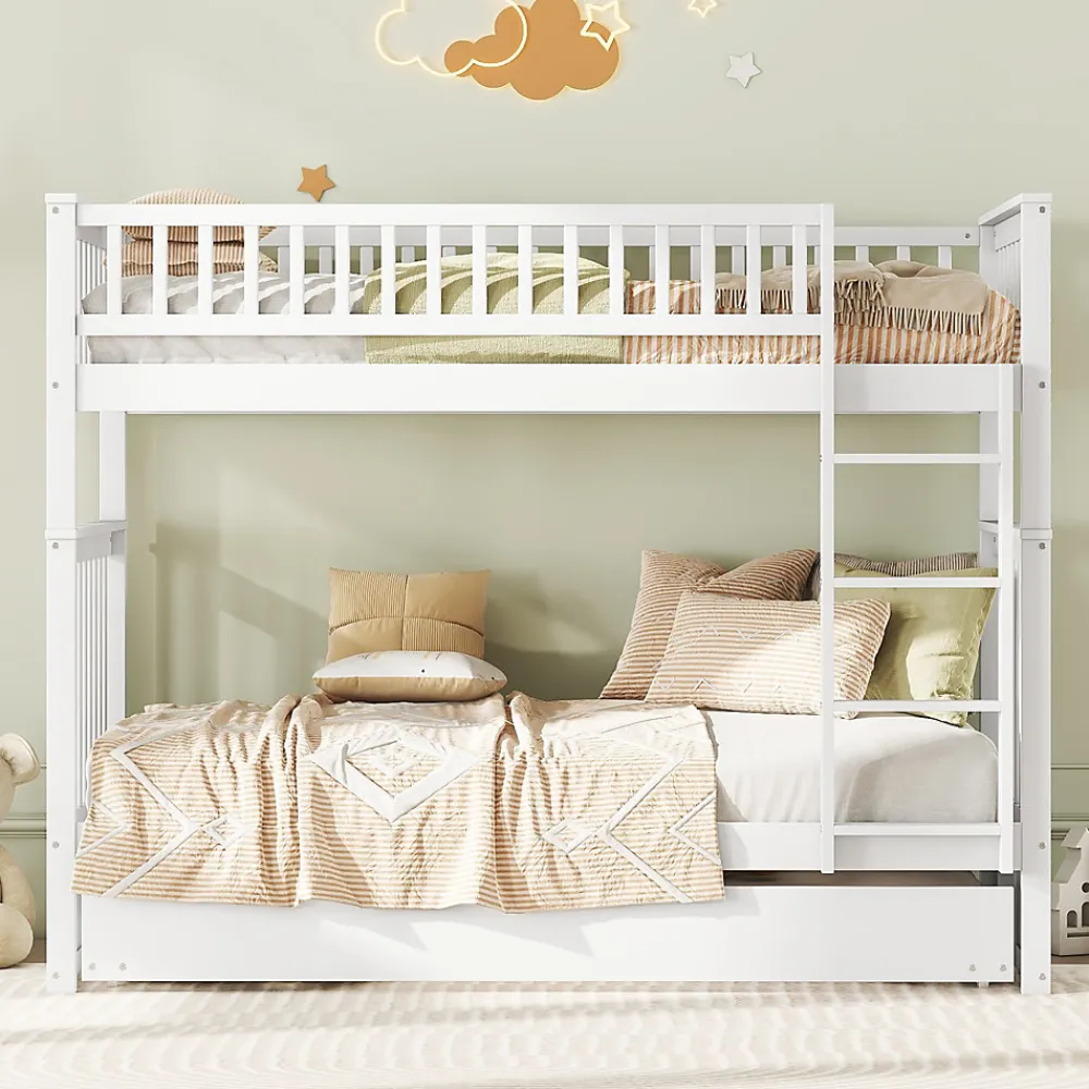 Lit Superposé 90 x 200 cm - Lit Gigogne avec Escalier - Pin + MDF - Sans Matelas - Blanc>Okwish New