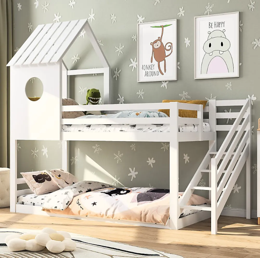 Simple Life Lit superposé, 90 x 200 cm, pour 2 enfants, avec escalier d'angle, lit mezzanine, avec fenêtre*Enfant Lit Enfant