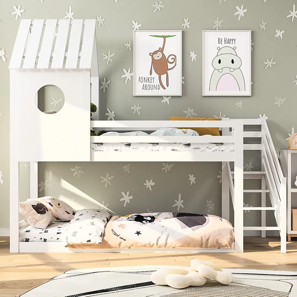 Simple Life Lit superposé, 90 x 200 cm, pour 2 enfants, avec escalier d'angle, lit mezzanine, avec fenêtre*Enfant Lit Enfant