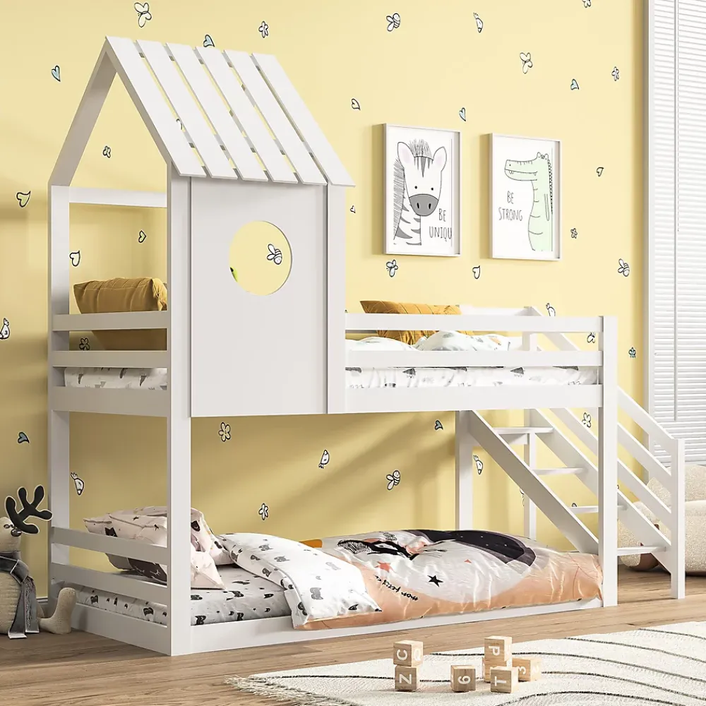 Simple Life Lit superposé, 90 x 200 cm, pour 2 enfants, avec escalier d'angle, lit mezzanine, avec fenêtre*Enfant Lit Enfant