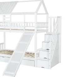 Lit superposé avec échelle, toboggan, fenêtres, sécurité, cadre bois, blanc, 90x200cm><noscript><img width=