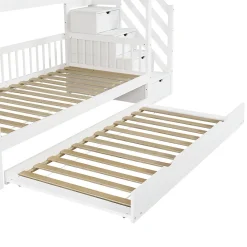 Lit superposé avec lit roulant, sécurité, échelle, cadre bois, 90x200,190cm, blanc><noscript><img width=